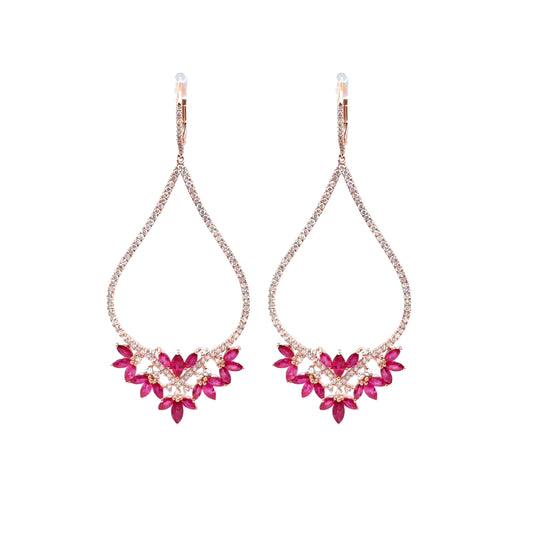 Rose Gold Tear Drop Diamonds earring with Ruby Accents