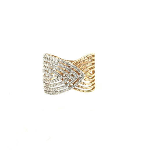 Rose gold ring with pave diamond overlapping twisted wire design