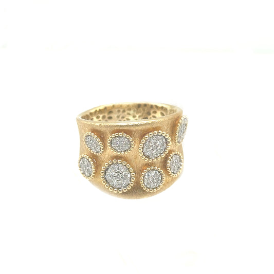Matte yellow gold ring with bezel set round clusters