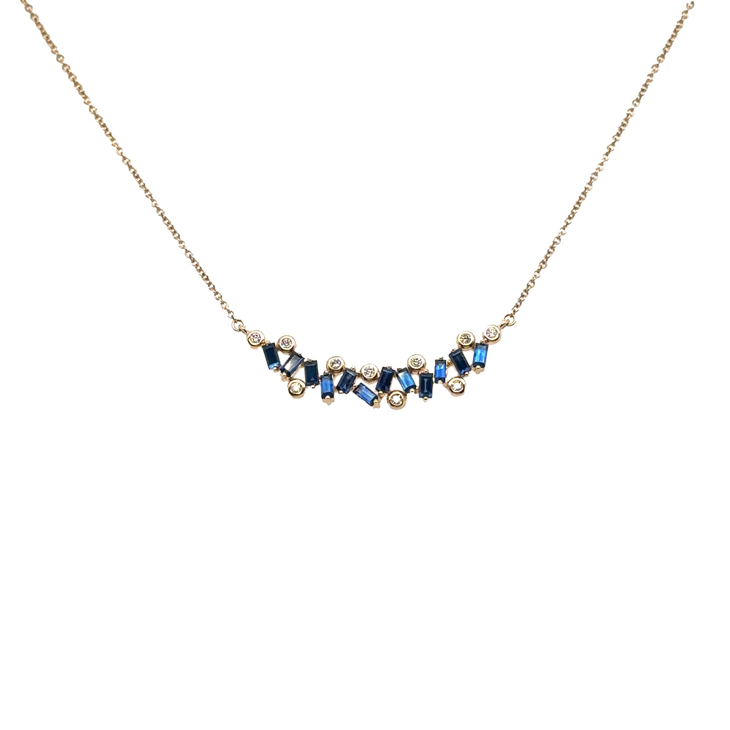 Blue Sapphire Baguette Bar with Diamond Bezels
