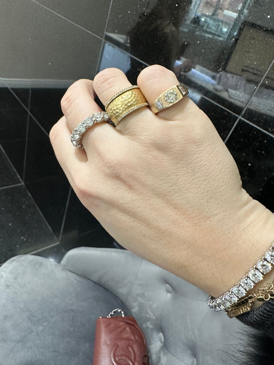 Hammered Yellow Gold Ring with Diamond rim