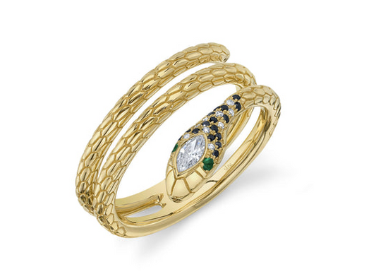 Gold Wrap Snake Ring with White & Black Diamonds