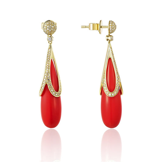 Coral and Diamond Hanging Earrings