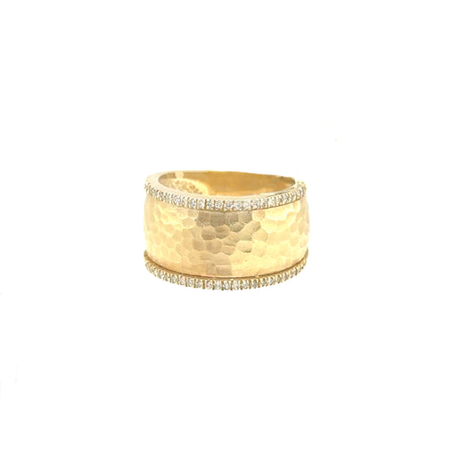 Hammered Yellow Gold Ring with Diamond rim