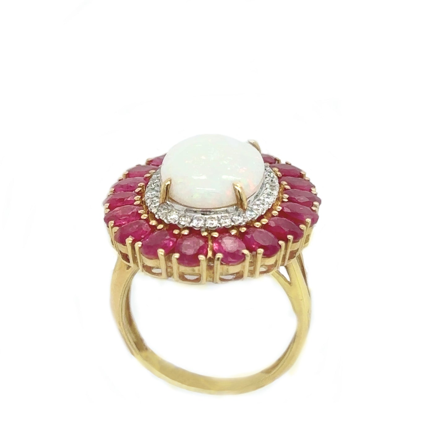 Opal Ring with Diamond and Ruby Halo