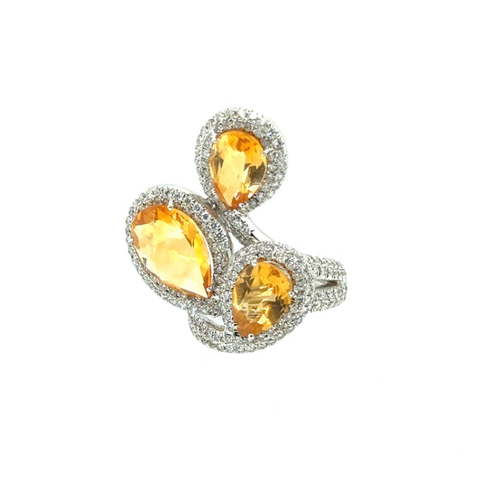 3 Stone Pear Citrine Cocktail Ring with Diamond Boarder