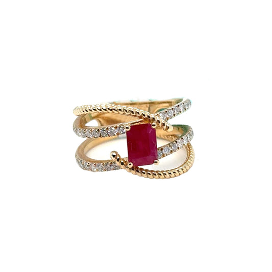 Ruby Twisted Ring with Diamonds