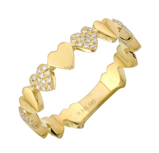 Yellow Gold Alternated Pave Heart Diamond Ring