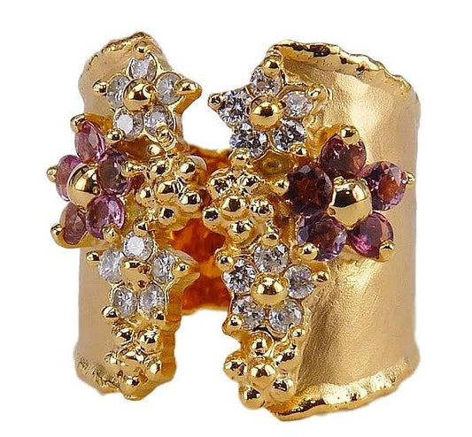 Hammered Pink Topaz and Diamond Flower Ring