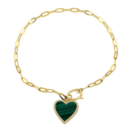 Paperclip Bracelet with Malachite Heart Charm