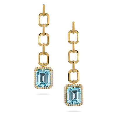 Hanging Chain Earring with Sky Blue Topaz and Diamond Halo