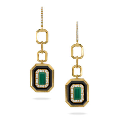 Chain Earrings with Malachite, Black Onyx and Diamonds