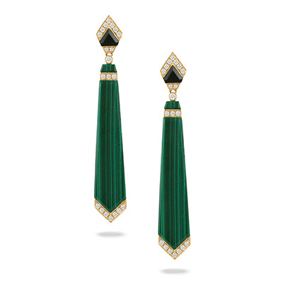 Hanging Malachite, Black Onyx and Diamond Earrings