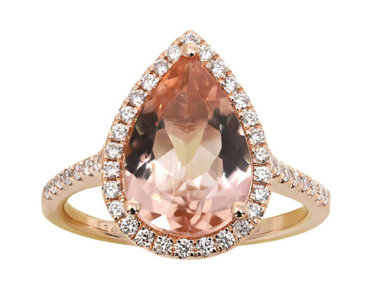 Morganite Pear Shape Ring With Diamond Halo