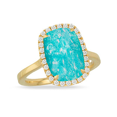 Radiant Amazonite Ring with Clear Quartz and Diamond Halo