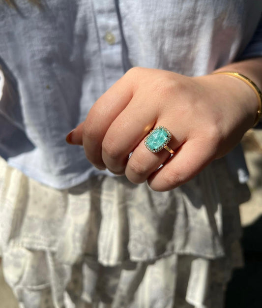 Radiant Amazonite Ring with Clear Quartz and Diamond Halo