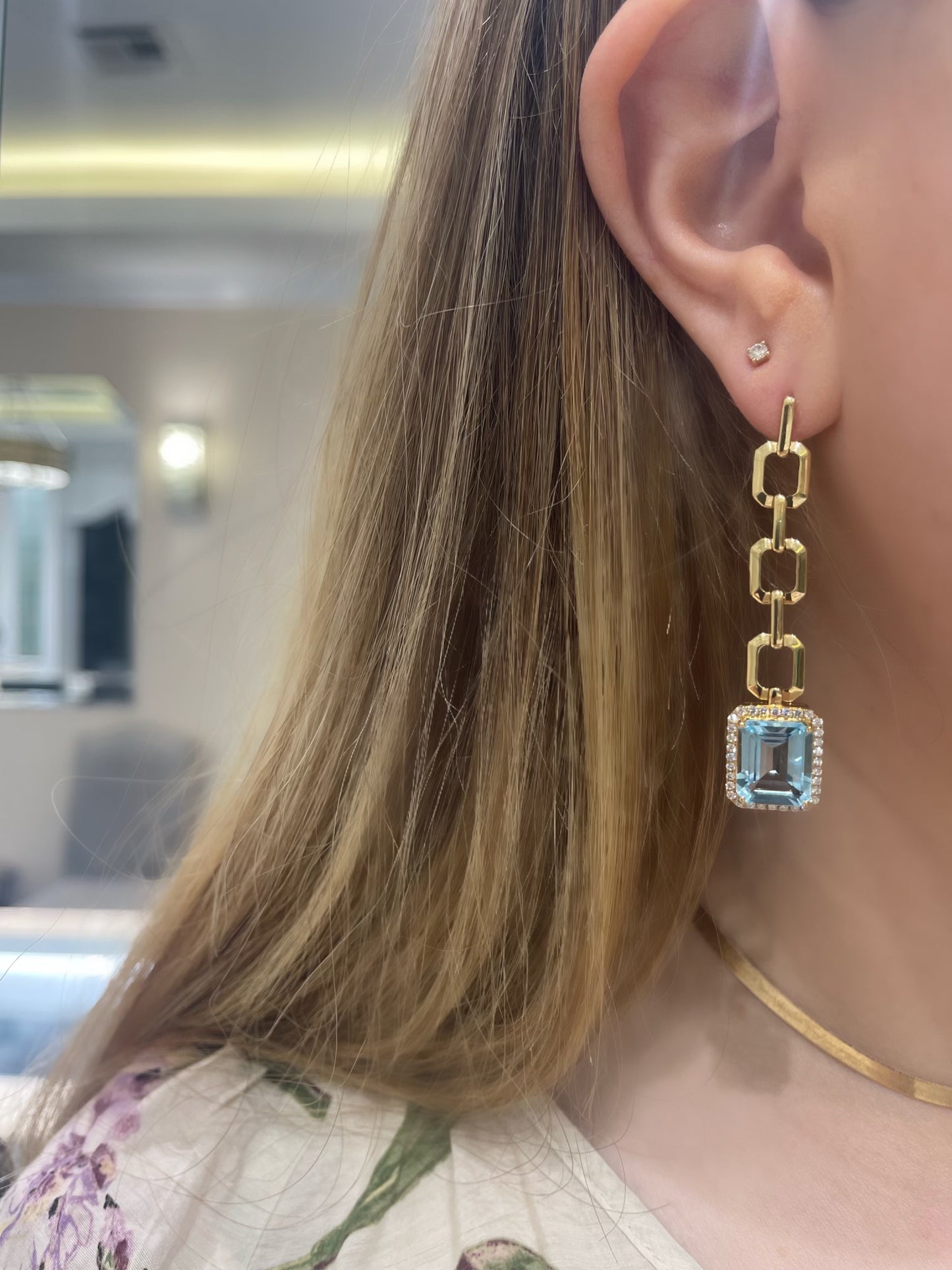 Hanging Chain Earring with Sky Blue Topaz and Diamond Halo