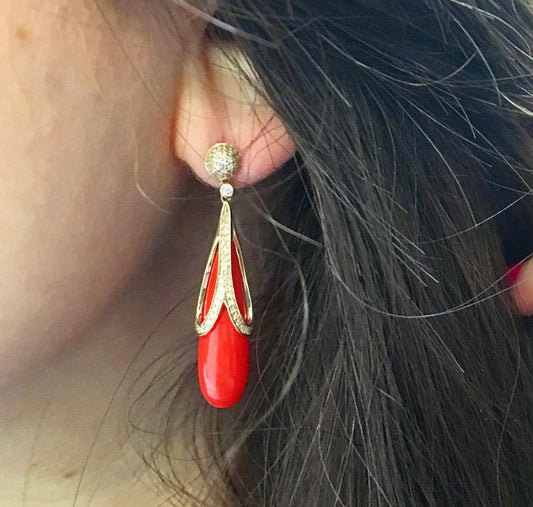 Coral and Diamond Hanging Earrings