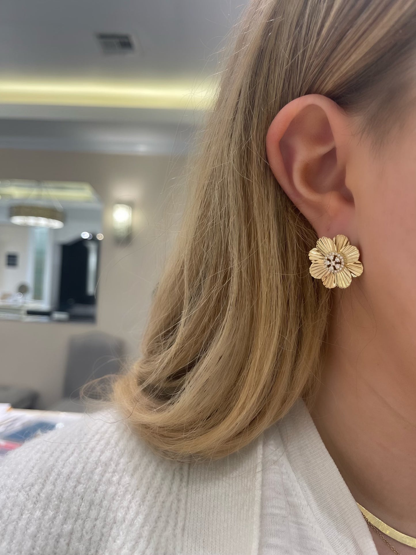 Gold Flower Studs With Diamond Center