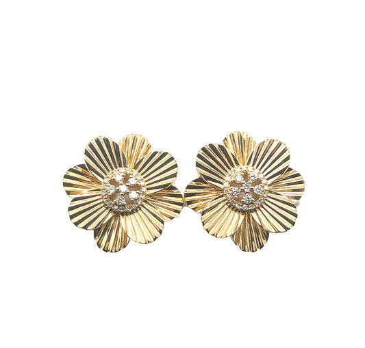 Gold Flower Studs With Diamond Center