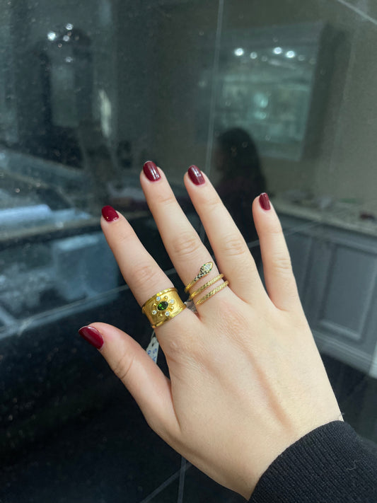 Hammered Ring with Green Stone and Diamonds