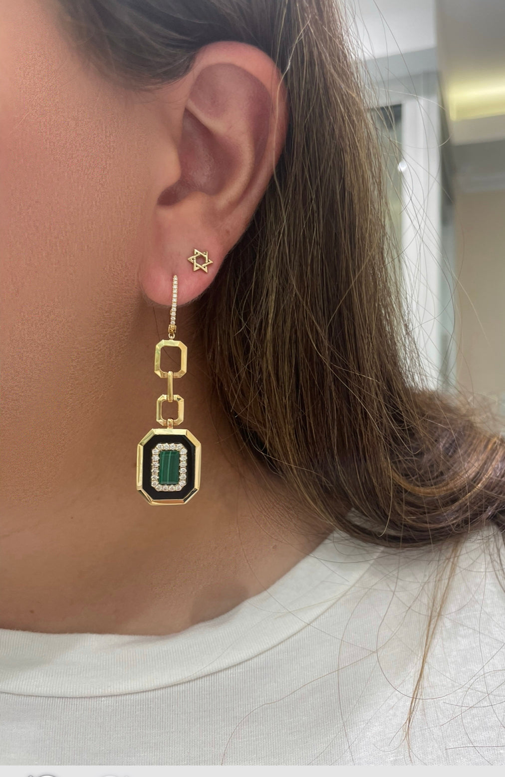 Chain Earrings with Malachite, Black Onyx and Diamonds