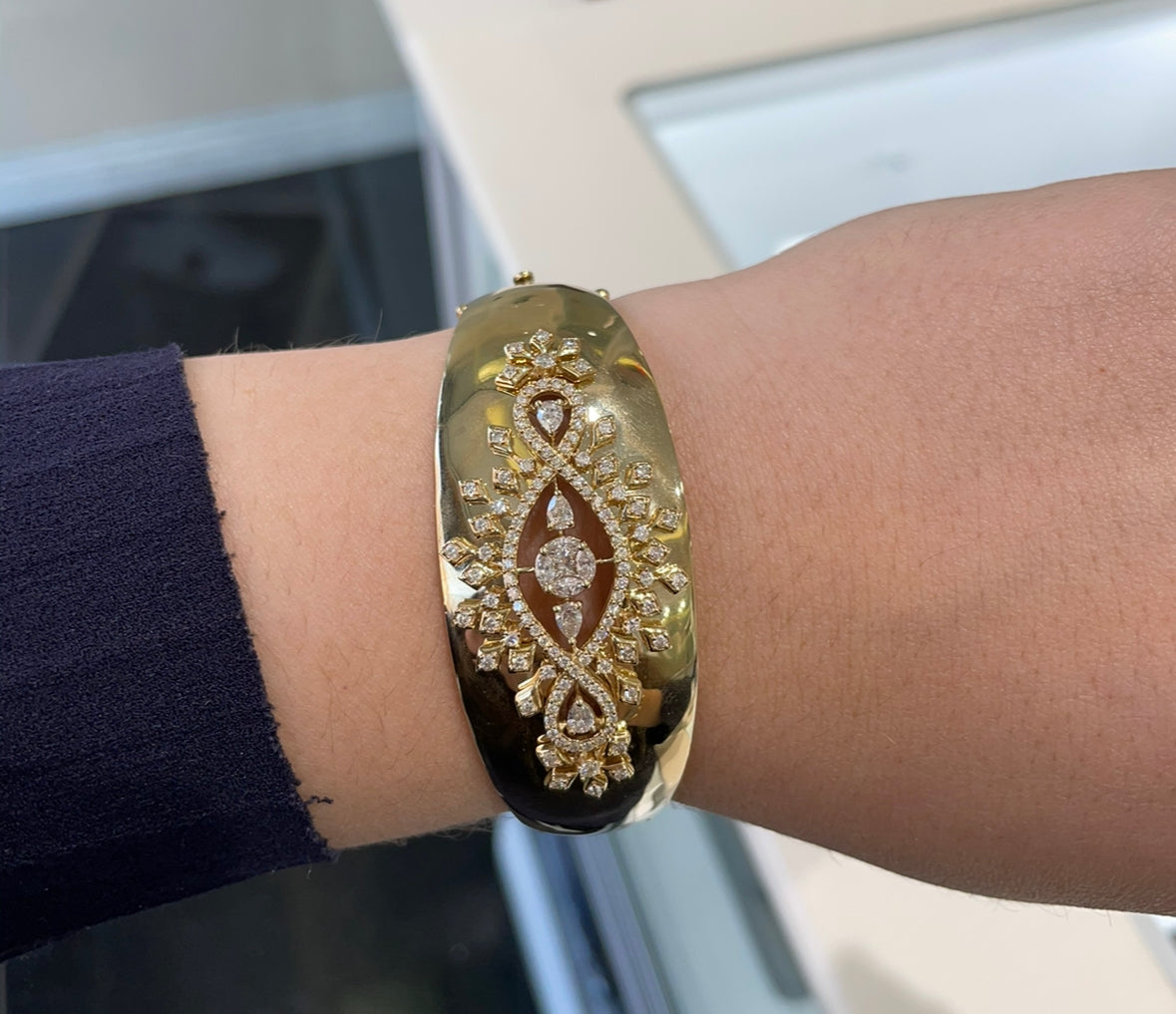 Wide Gold Statement Bangle with Diamonds